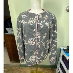 Vtg Amherst Sport Women Gray Pink Embroidered Floral Wool Blazer Career Academia